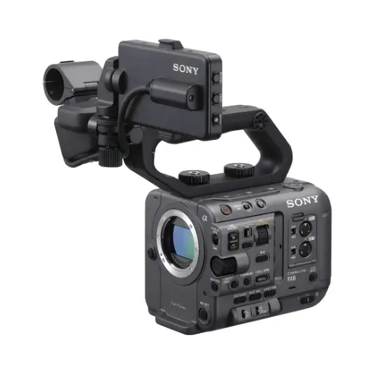 Sony FX6 professional full-frame digital cinema camera body with top handle and viewfinder, without a lens attached.