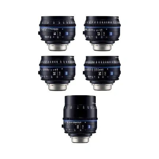 Set of five Zeiss CP.3 cinema prime lenses arranged in a V shape on a white background, showing focal lengths 18mm, 25mm, 35mm, 50mm, and 100mm.