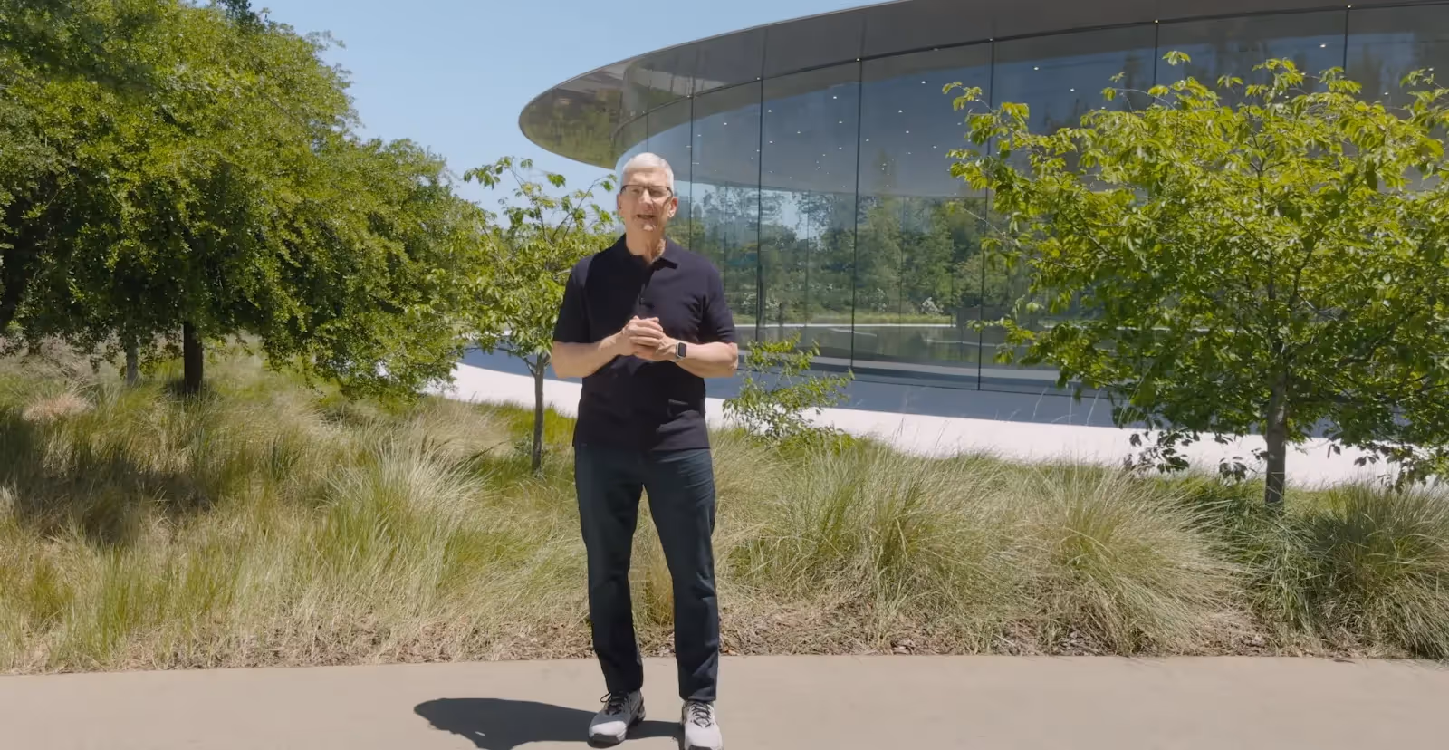Screenshot from the Apple Intelligence announcement showing the lush and green Apple campus