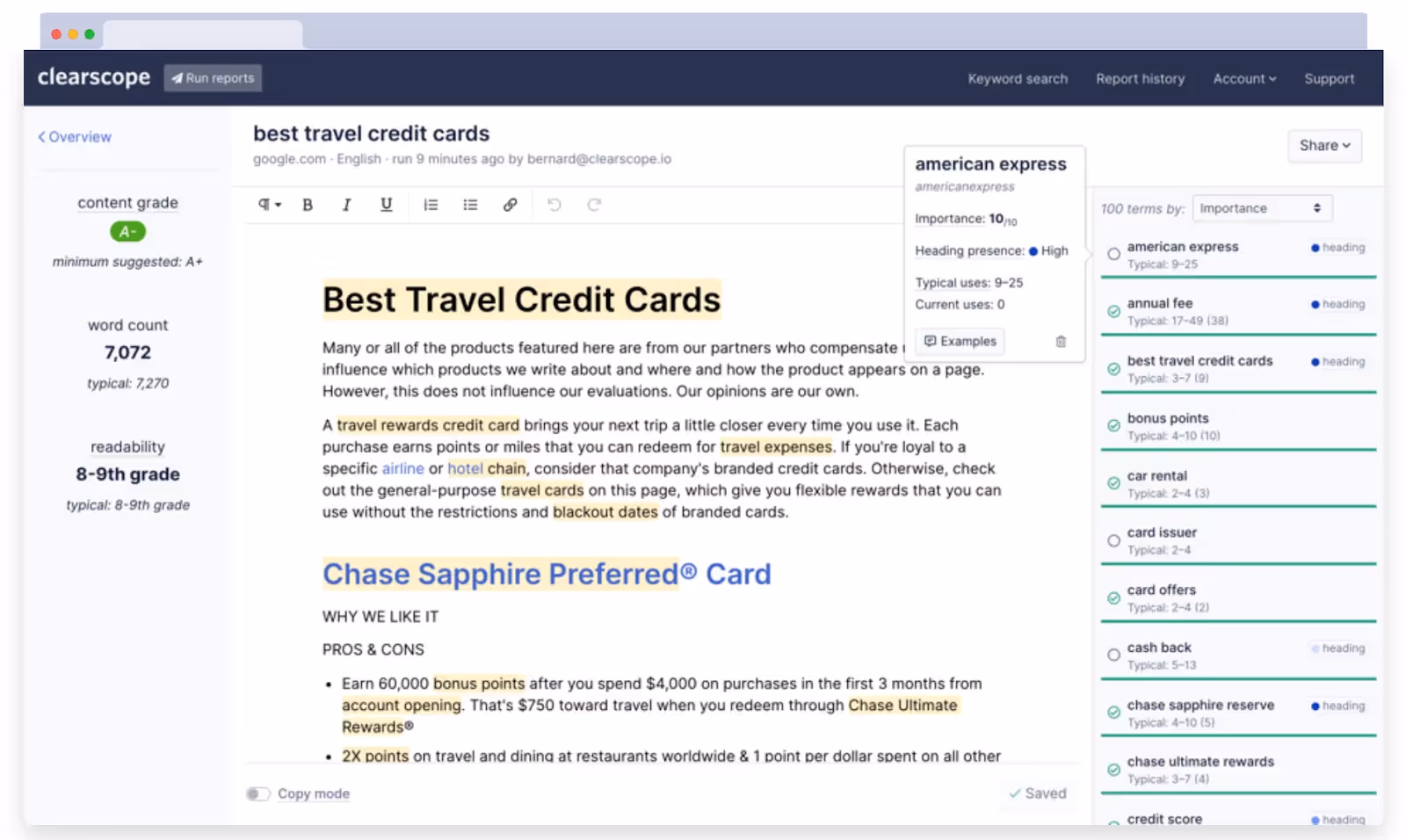 Clearscope SEO AI features screenshot