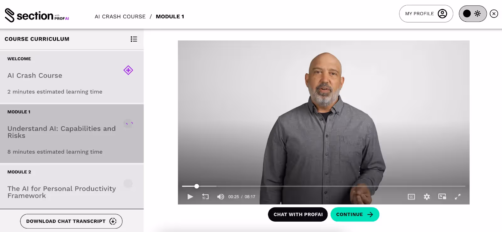 A screenshot of Section's AI coach teaching the AI Crash Course