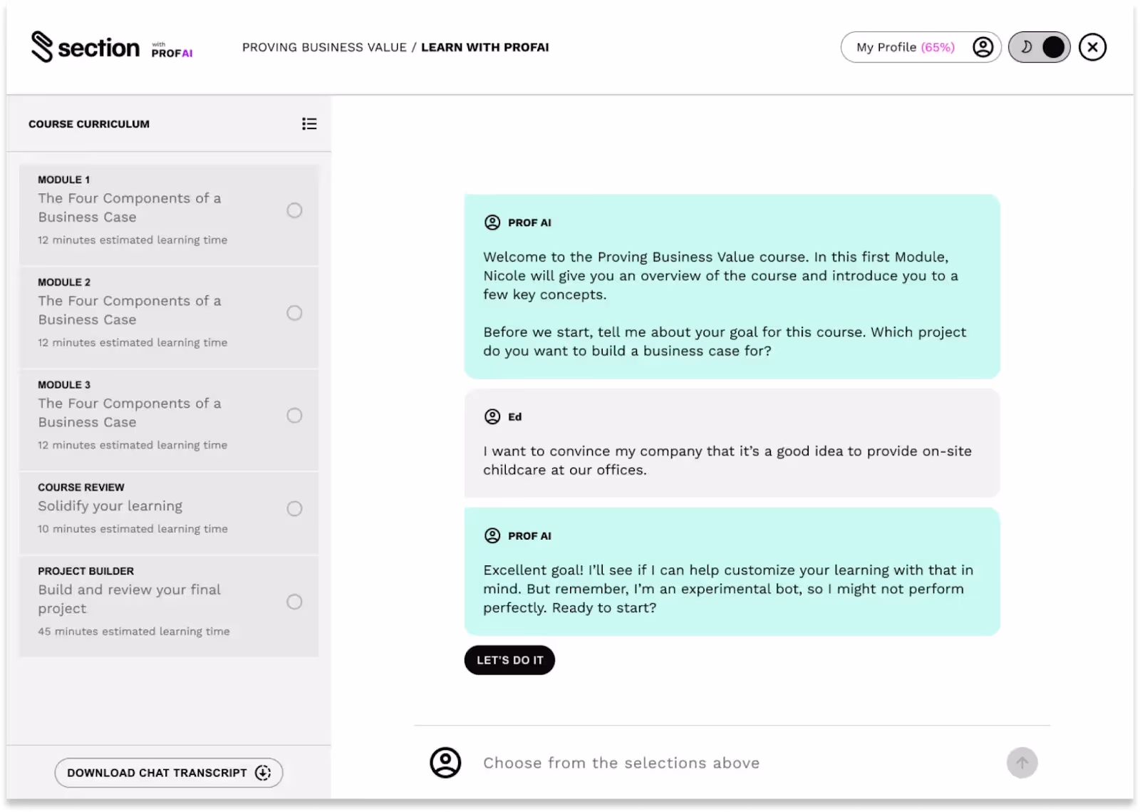 A screenshot of Section's AI chat bot helping a student set a goal for the course