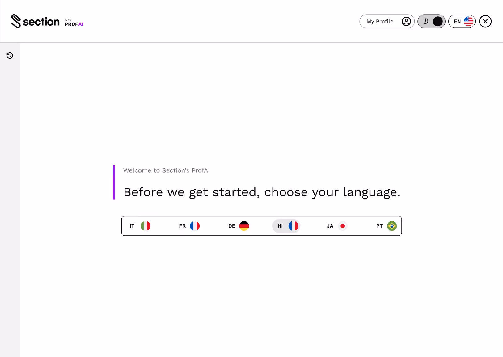 A screenshot of Section's AI education chatbot demonstrating the different languages it can teach in