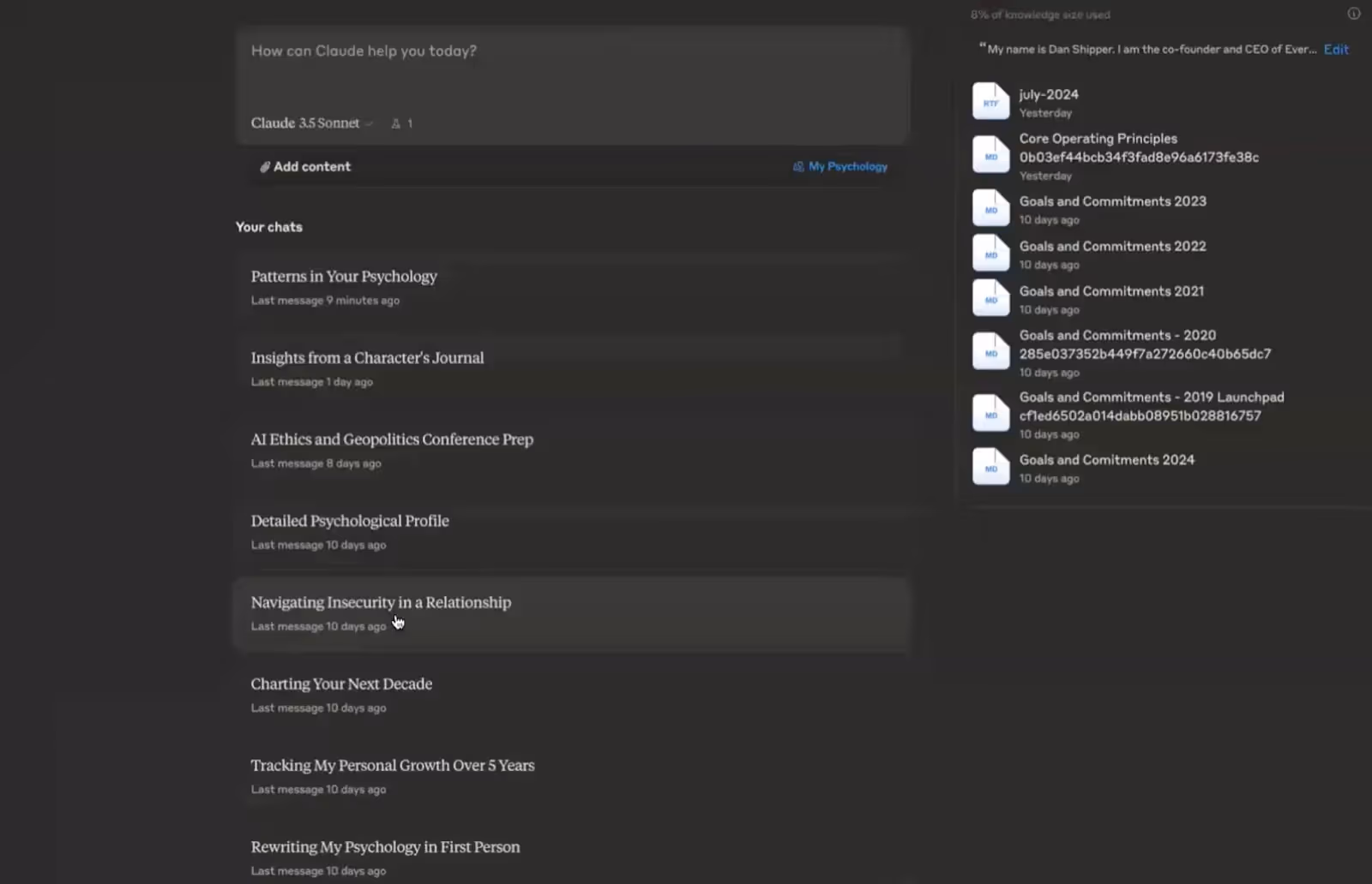 A screenshot of Claude's Project feature and how to use it for self reflection