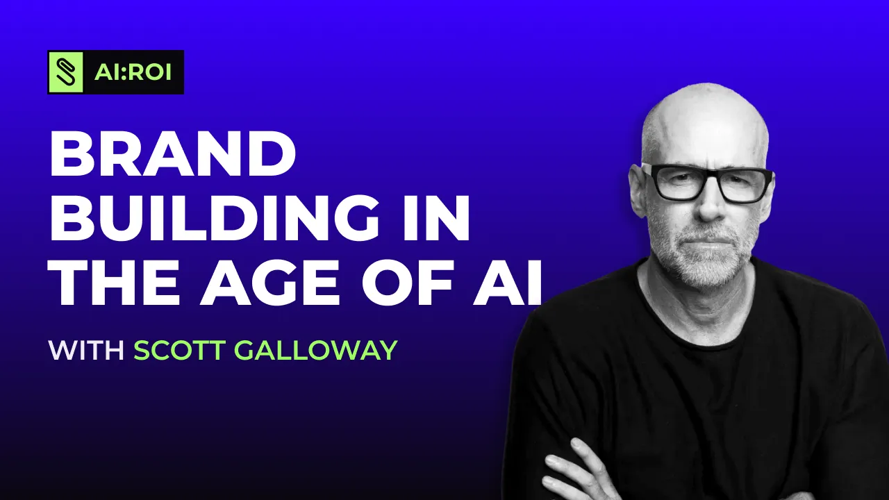 Portrait of a bald man with glasses and a beard in black clothing next to text reading 'Brand Building in the Age of AI with Scott Galloway' on a blue gradient background.
