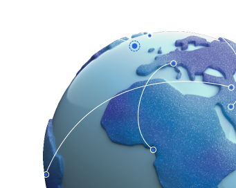 3D blue globe showing parts of Africa and Europe with white orbit lines and nodes.