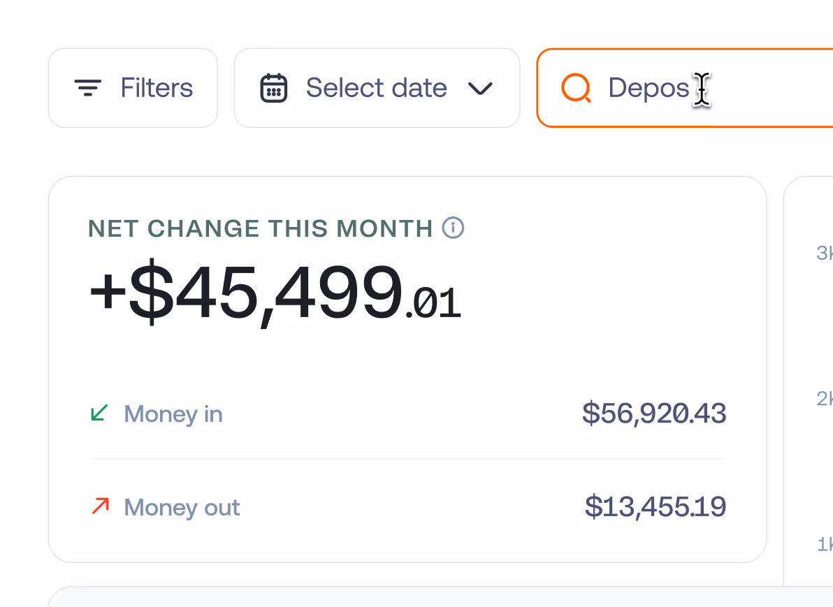 Dashboard screen displaying a finance overview with key metrics.