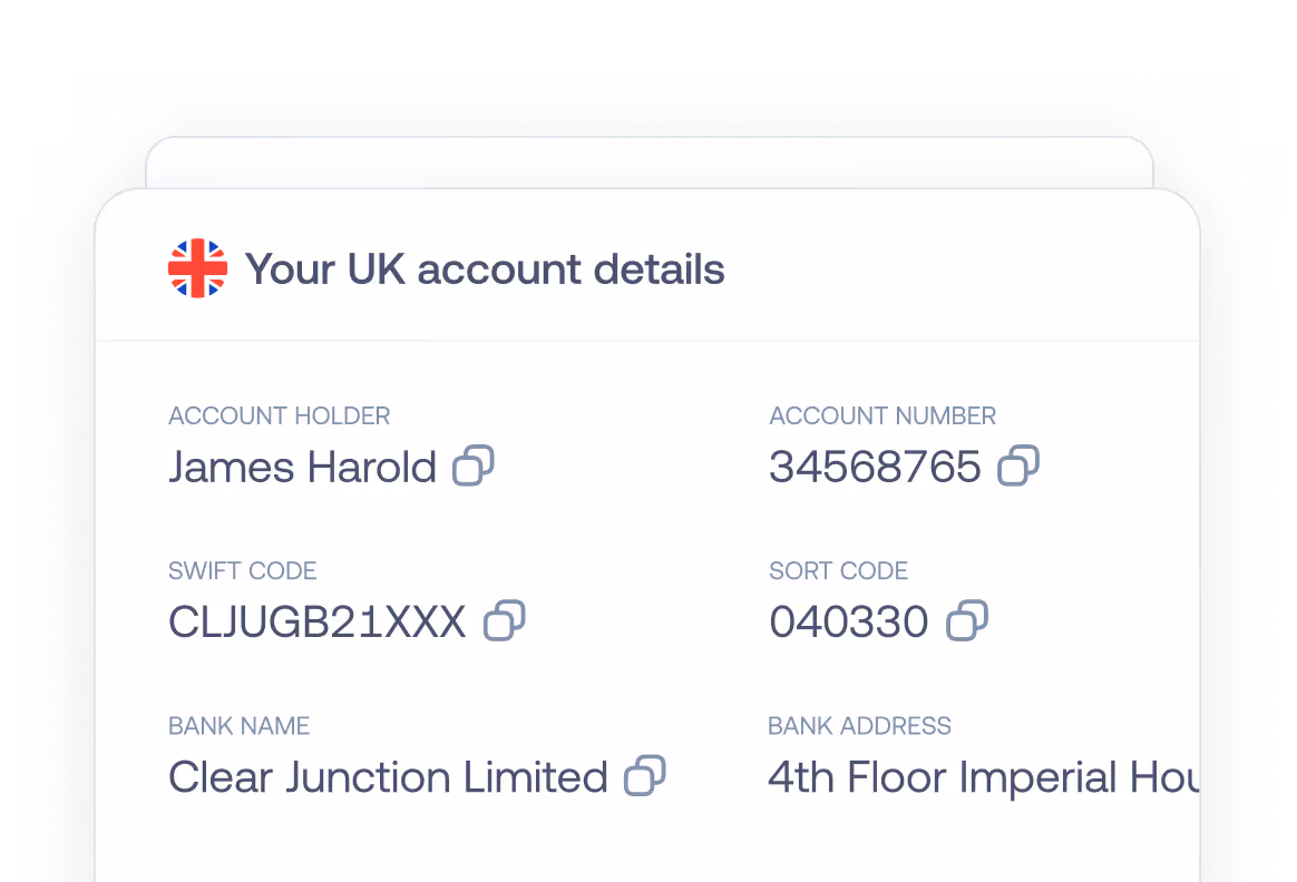 UK bank details for James Harold: account 34568765, sort code 040330, SWIFT CLJUGB21XXX, Clear Junction Limited.