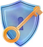 Blue shield with a keyhole and a large golden key crossing it diagonally.