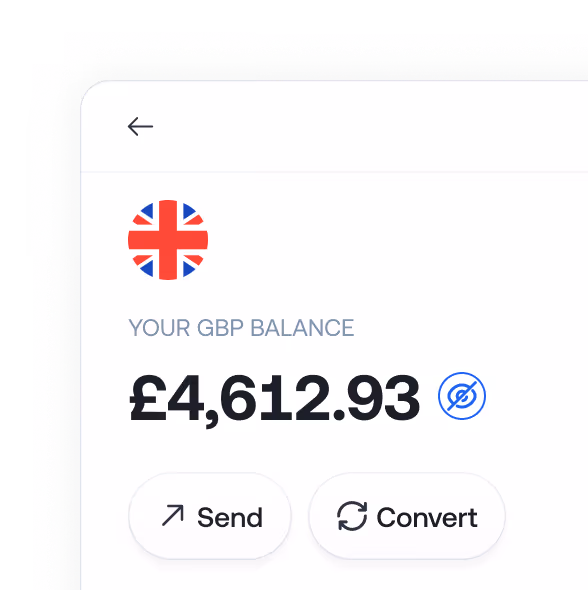 Screen showing a GBP balance of £4,612.93 with options to send or convert currency.