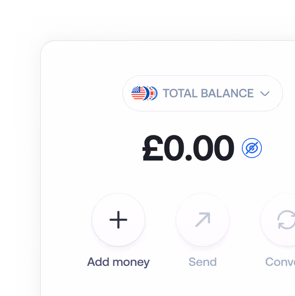 Screen showing total balance £0.00 with options to add money, send, and convert funds.