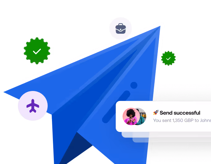 Blue paper airplane with icons of airplane, briefcase, and green check marks indicating successful send.