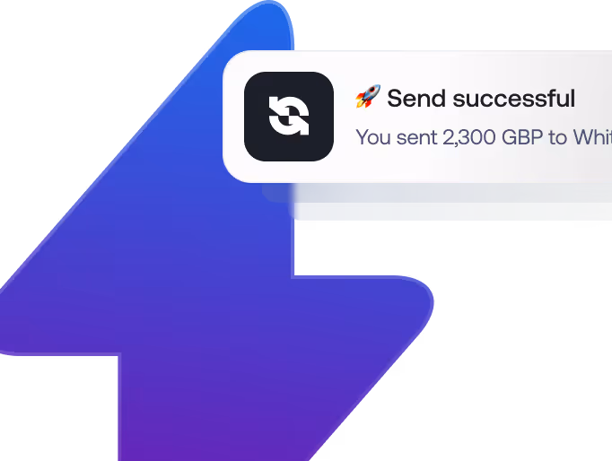 Notification stating 'Send successful' and confirming 2,300 GBP sent to a recipient.