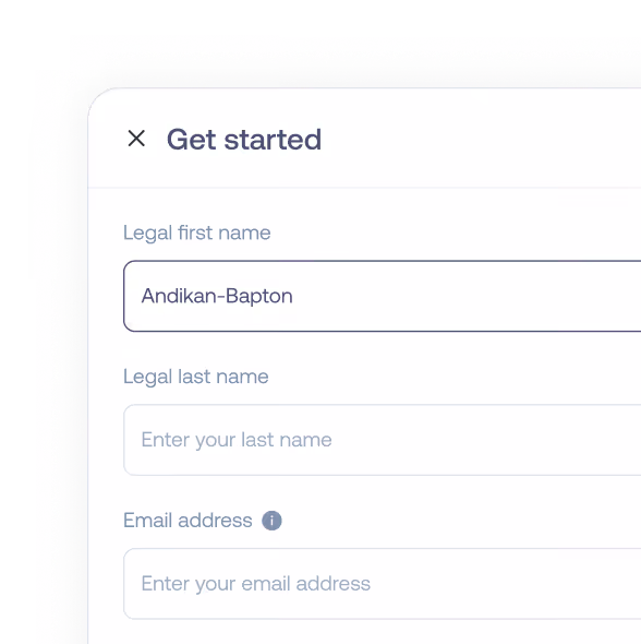 Partial web form titled Get started with fields for legal first name, last name, and email address.