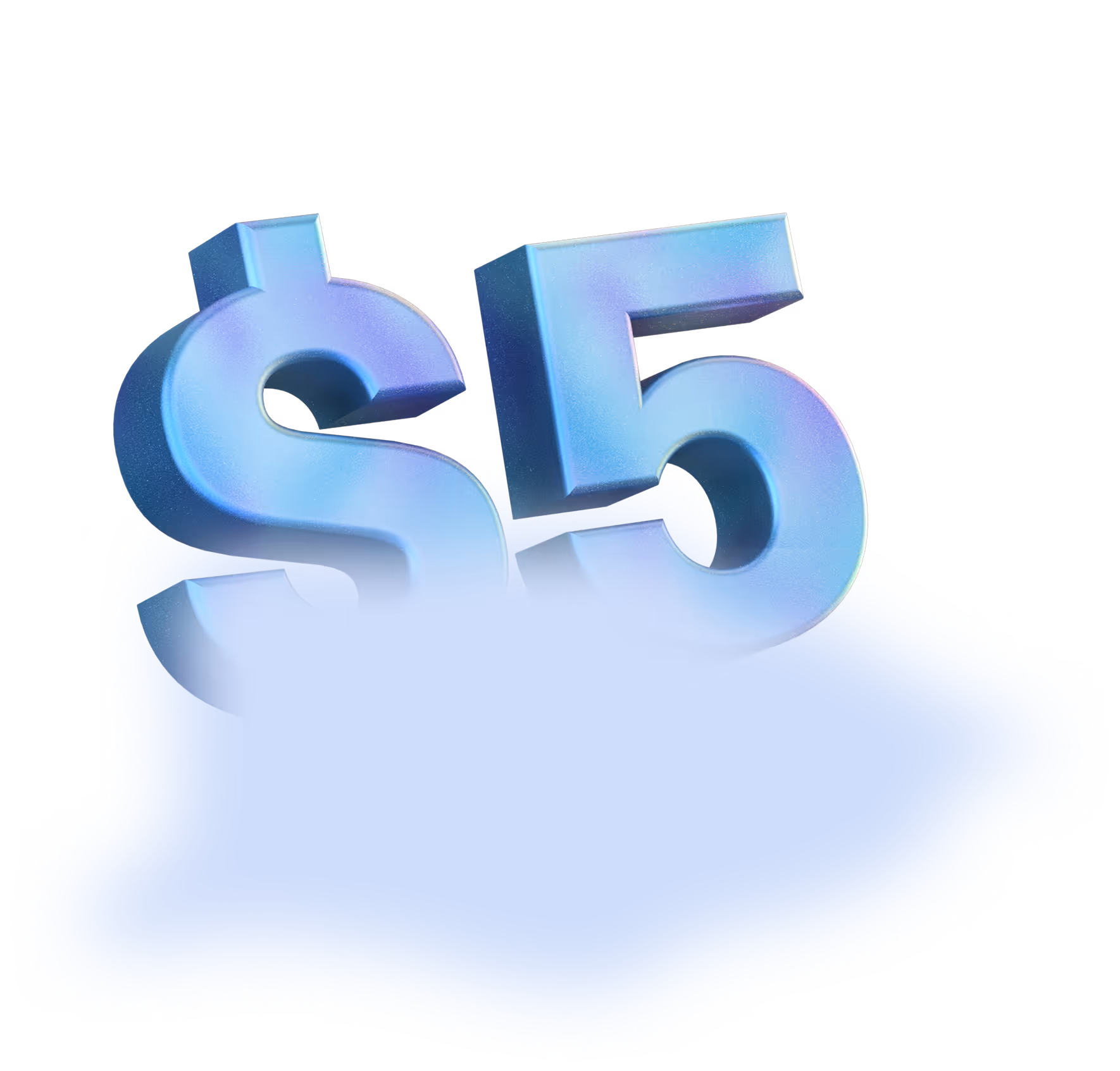 Blue 3D dollar sign and number 5 casting a shadow on white surface.