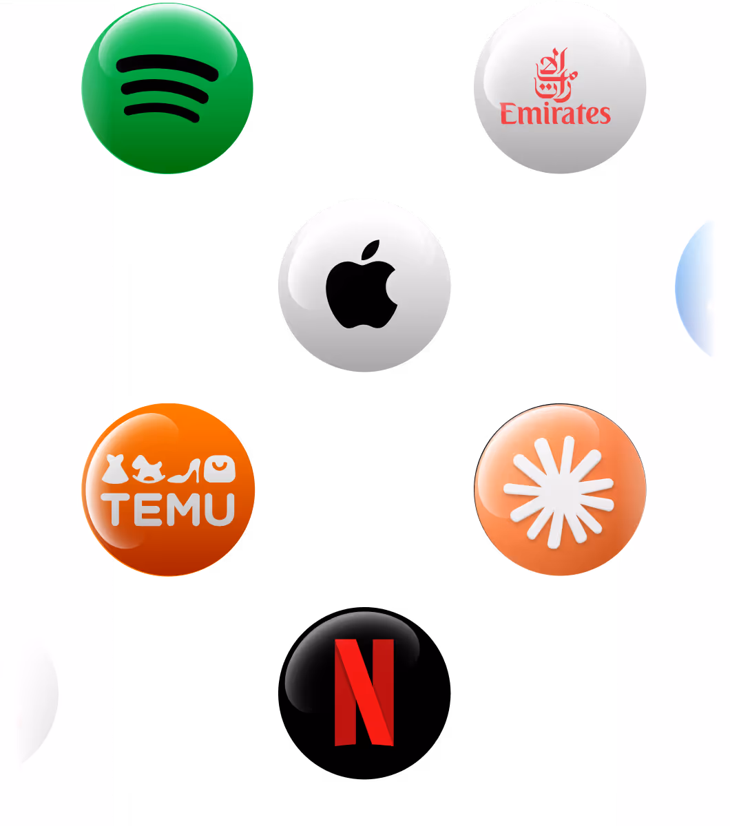 Circular logos of Spotify, Emirates, Apple, Temu, a white starburst, and Netflix on black background.