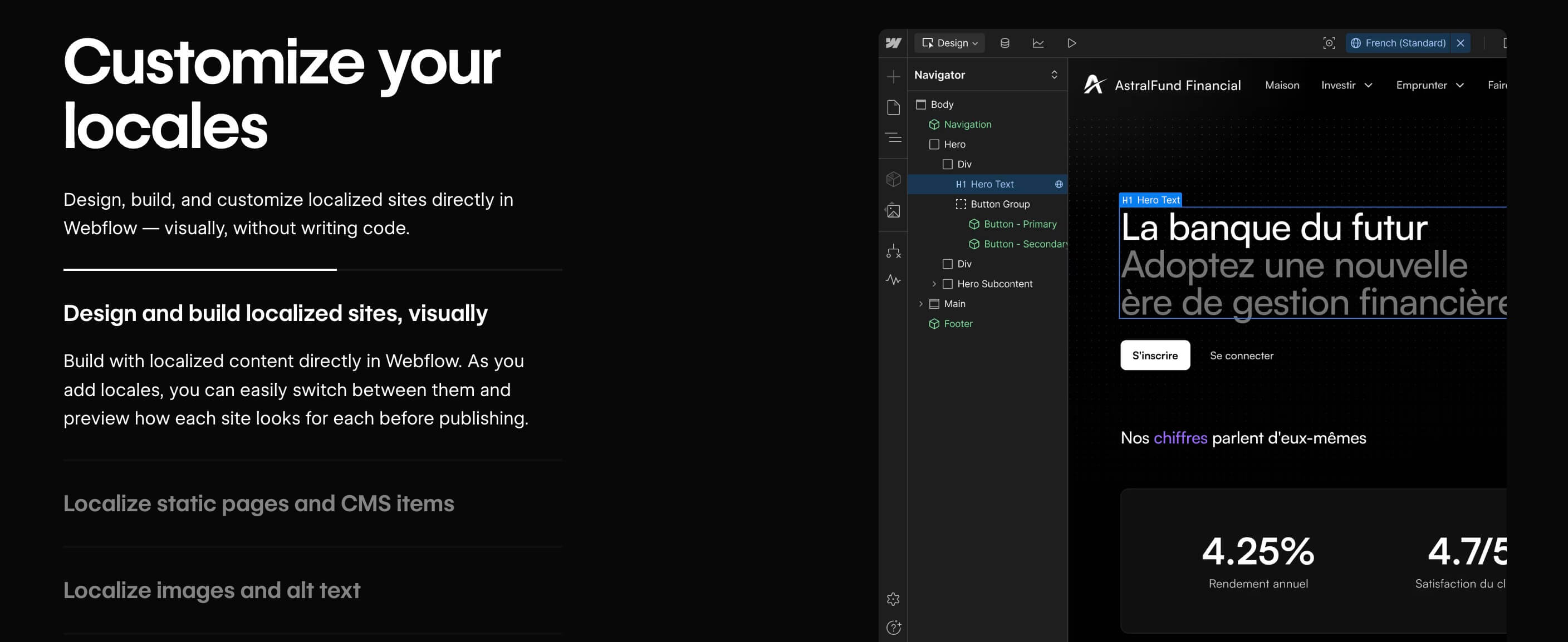 Screenshot der Webflow Localization-Einstellungen mit Sprachvarianten und übersetzbaren CMS-Feldern für eine mehrsprachige SaaS-Website.