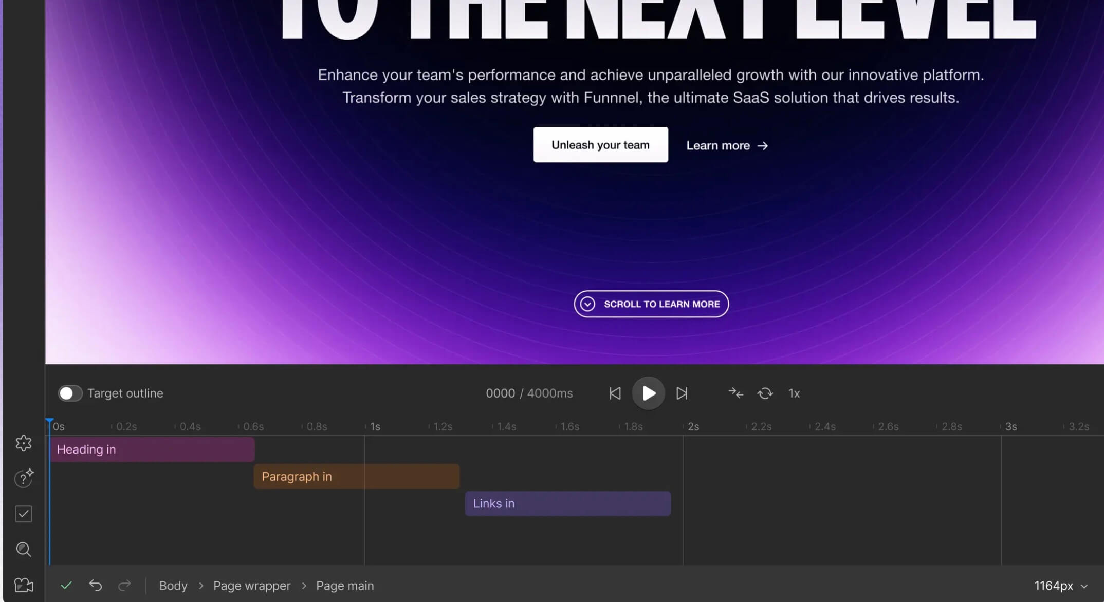 Screenshot der Webflow Interactions-Oberfläche mit GSAP-basierten Animationen, Timelines und Scroll-Triggern.