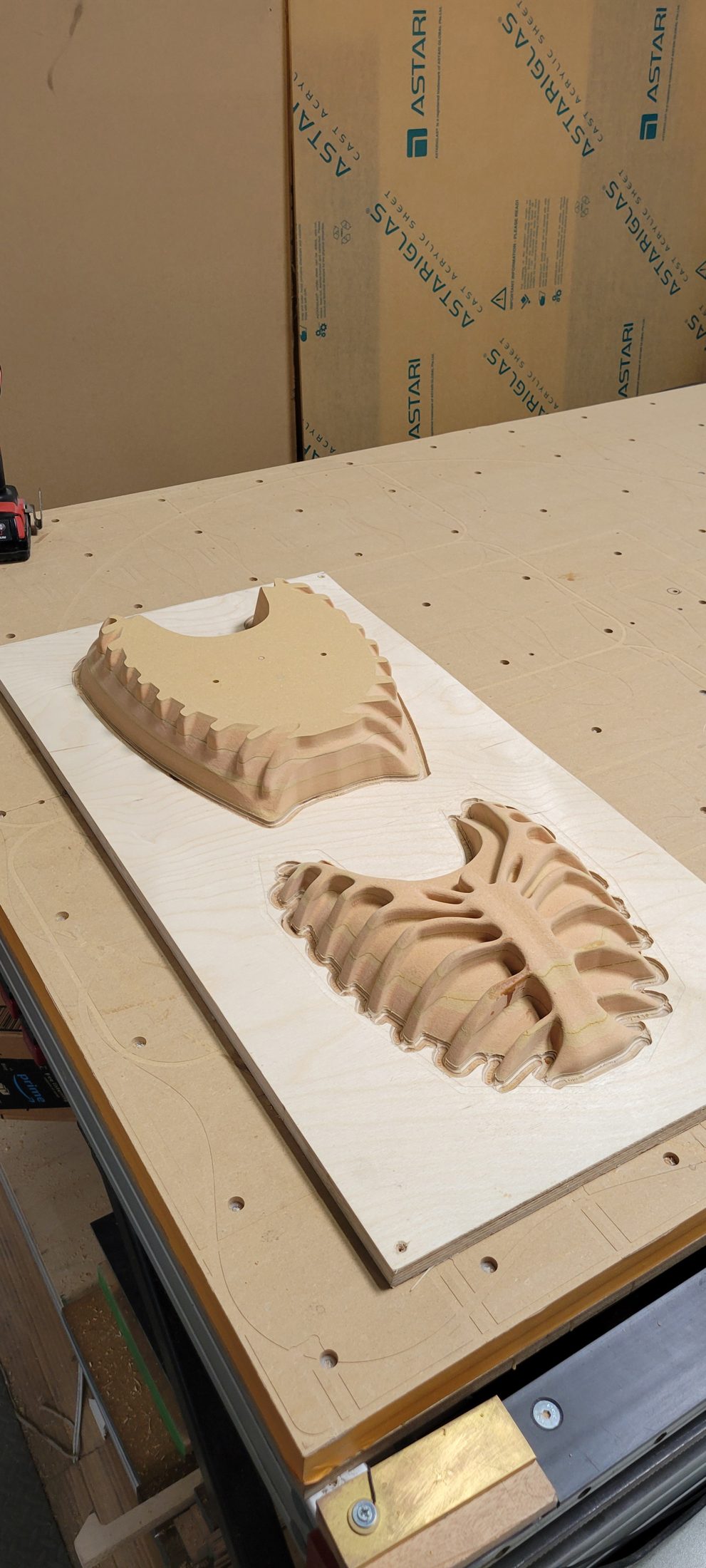 Carved wing halves in a foam fixture