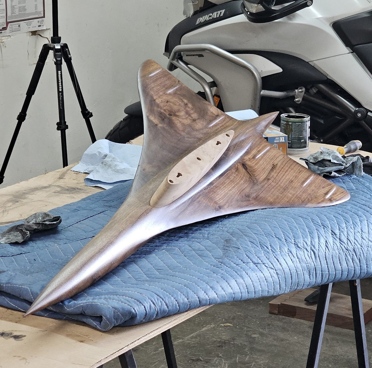 Polished carved aircraft model on a moving blanket