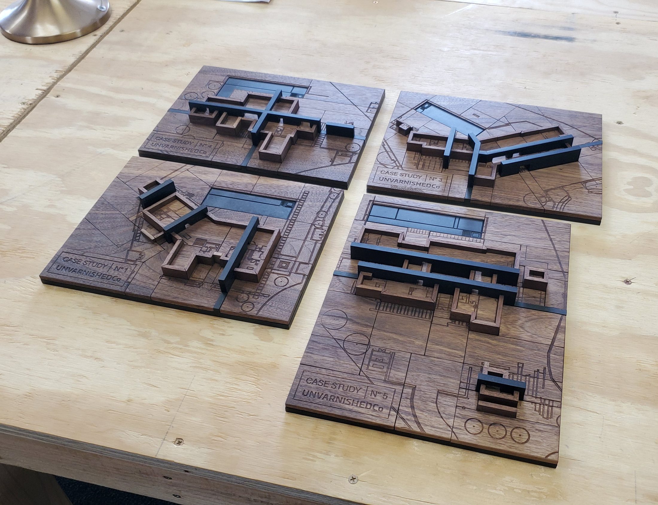 Four carved walnut architectural site models