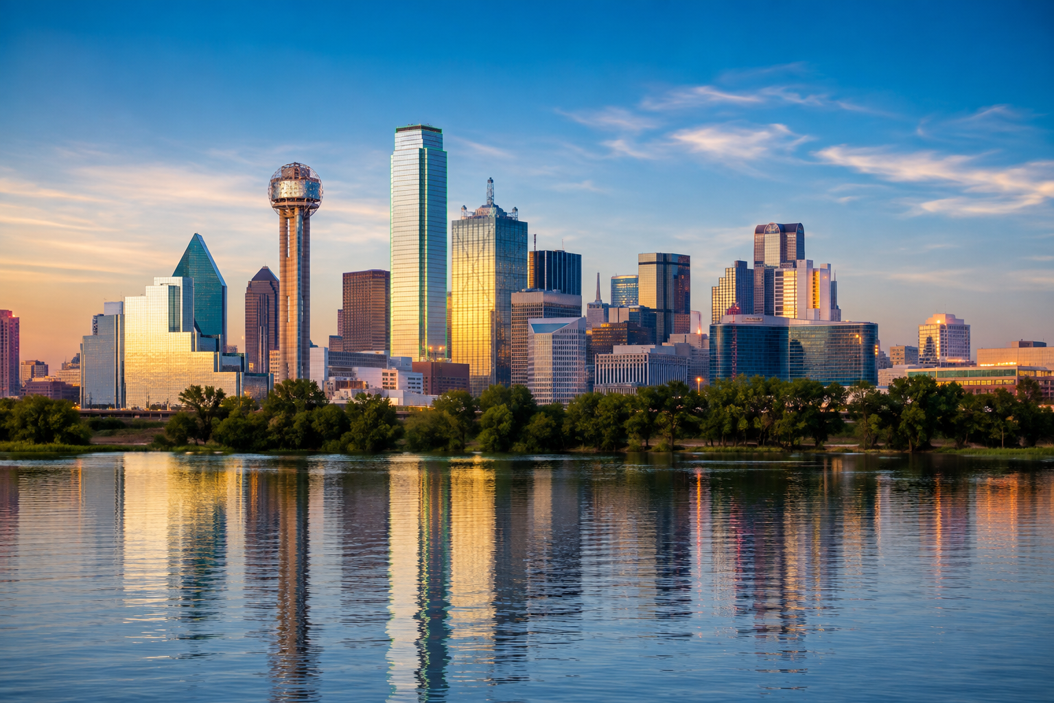 Downtown Dallas skyline reflected in the Trinity River