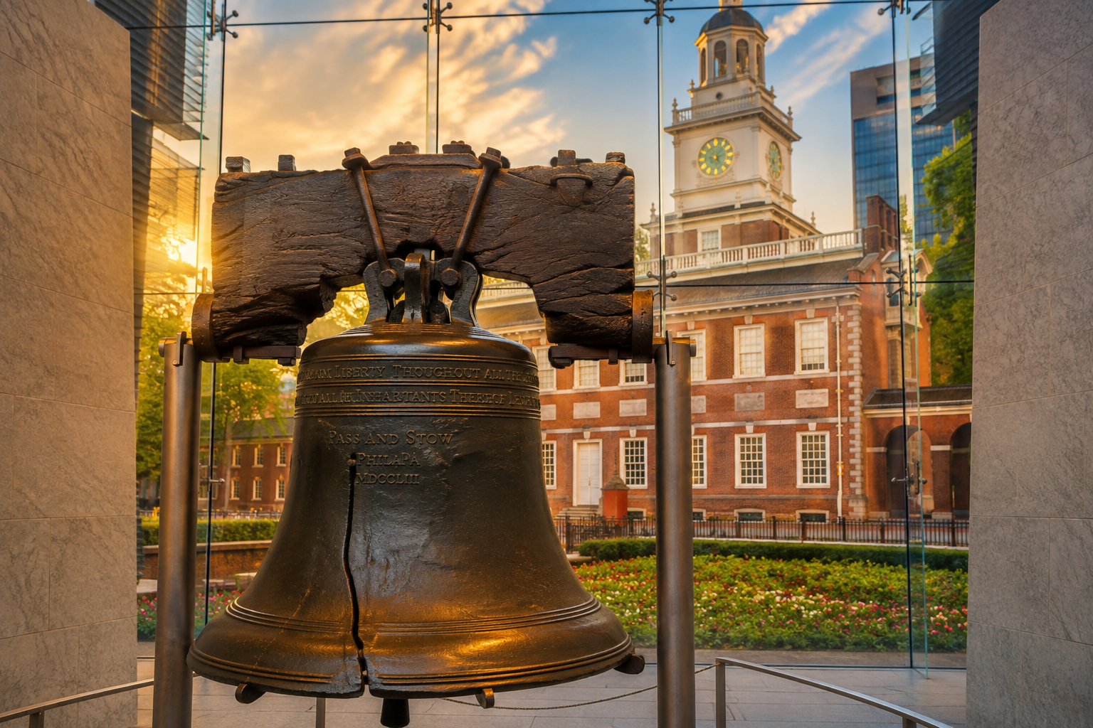 The Liberty Bell with Independence Hall behind it