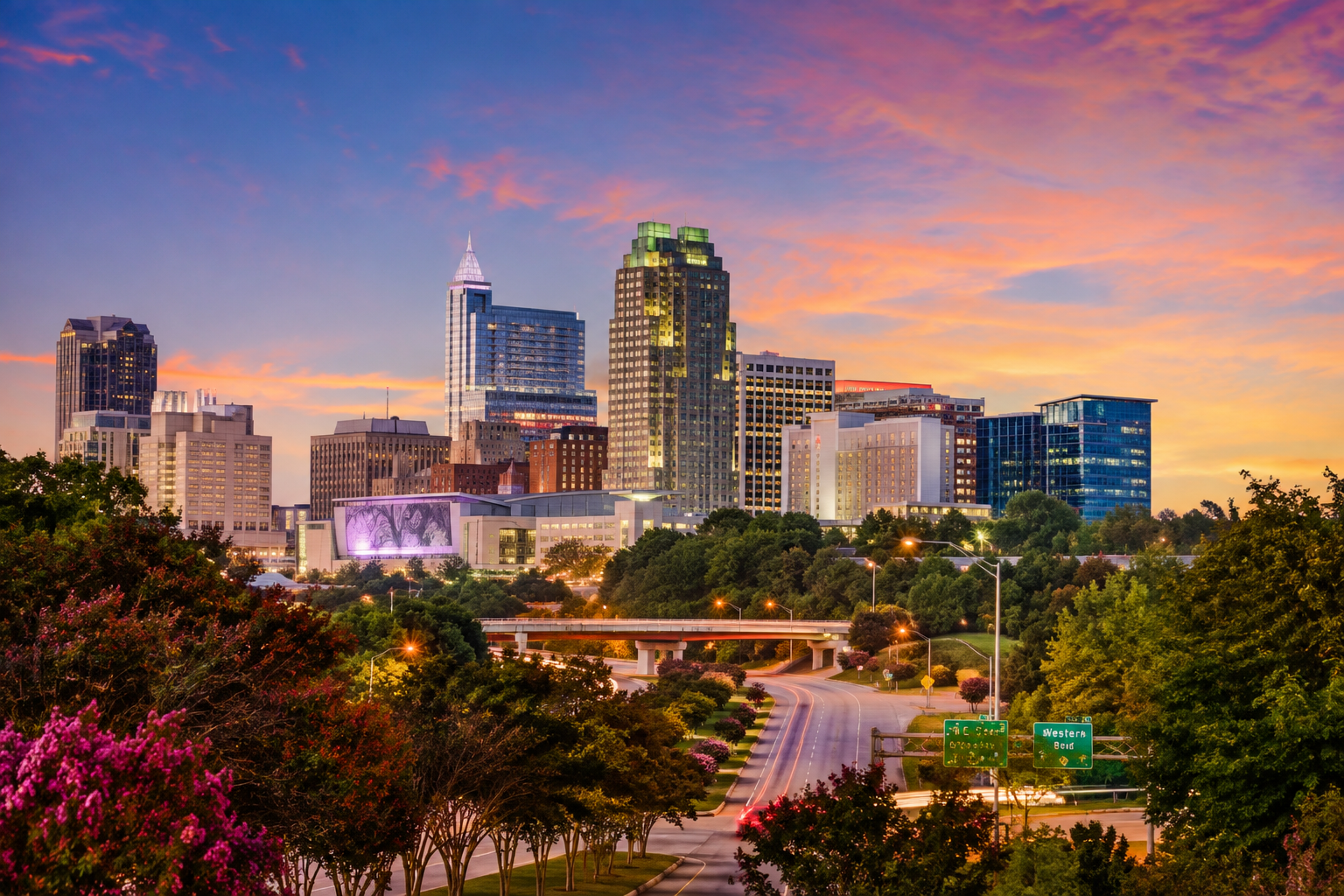Downtown Raleigh skyline at dusk