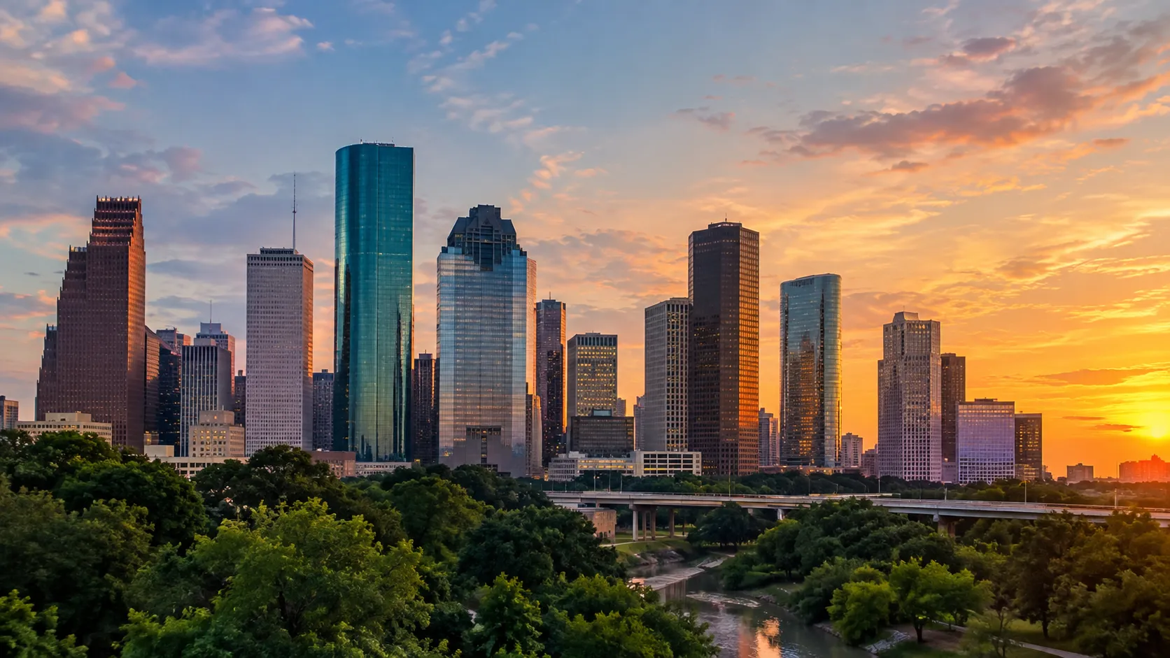 Houston skyline at sunset above Buffalo Bayou