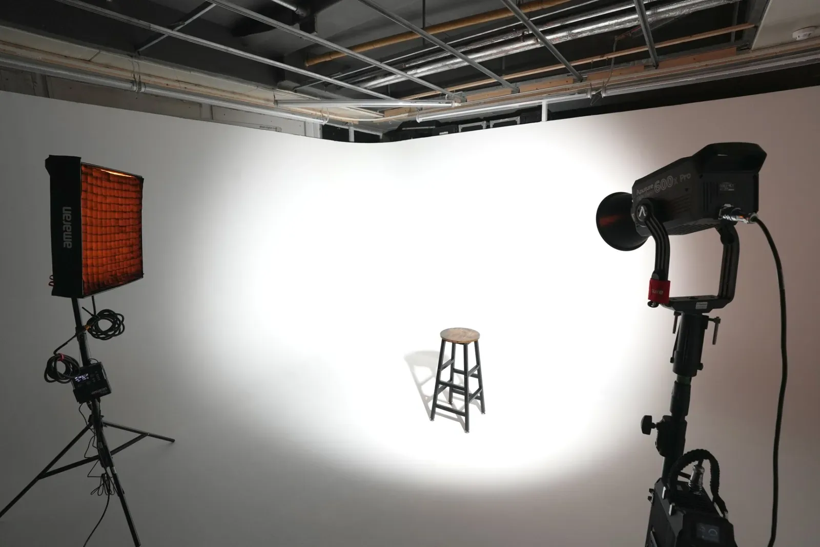 Aputure Light Storm 600X Pro LED fixture lighting a white cyc wall in Sugarland's Infinity Cove studio, with an Amaran softbox for fill.