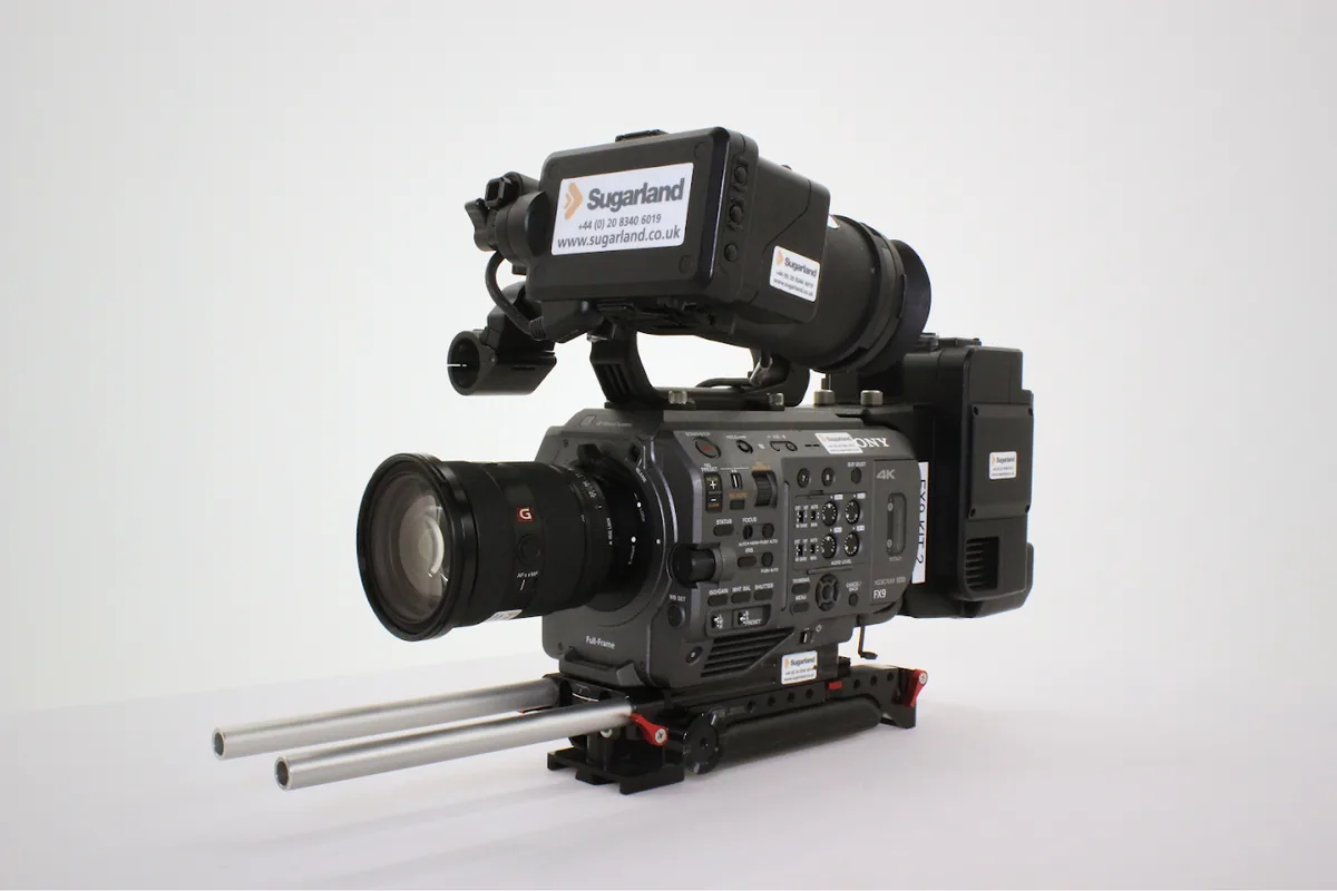 Sony FX9 full-frame cinema camera fitted with a Sony G Master lens, ready for hire at Sugarland
