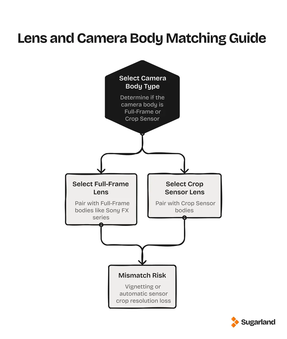 Flowchart showing how to match full-frame or crop sensor lenses to the correct camera body to avoid vignetting