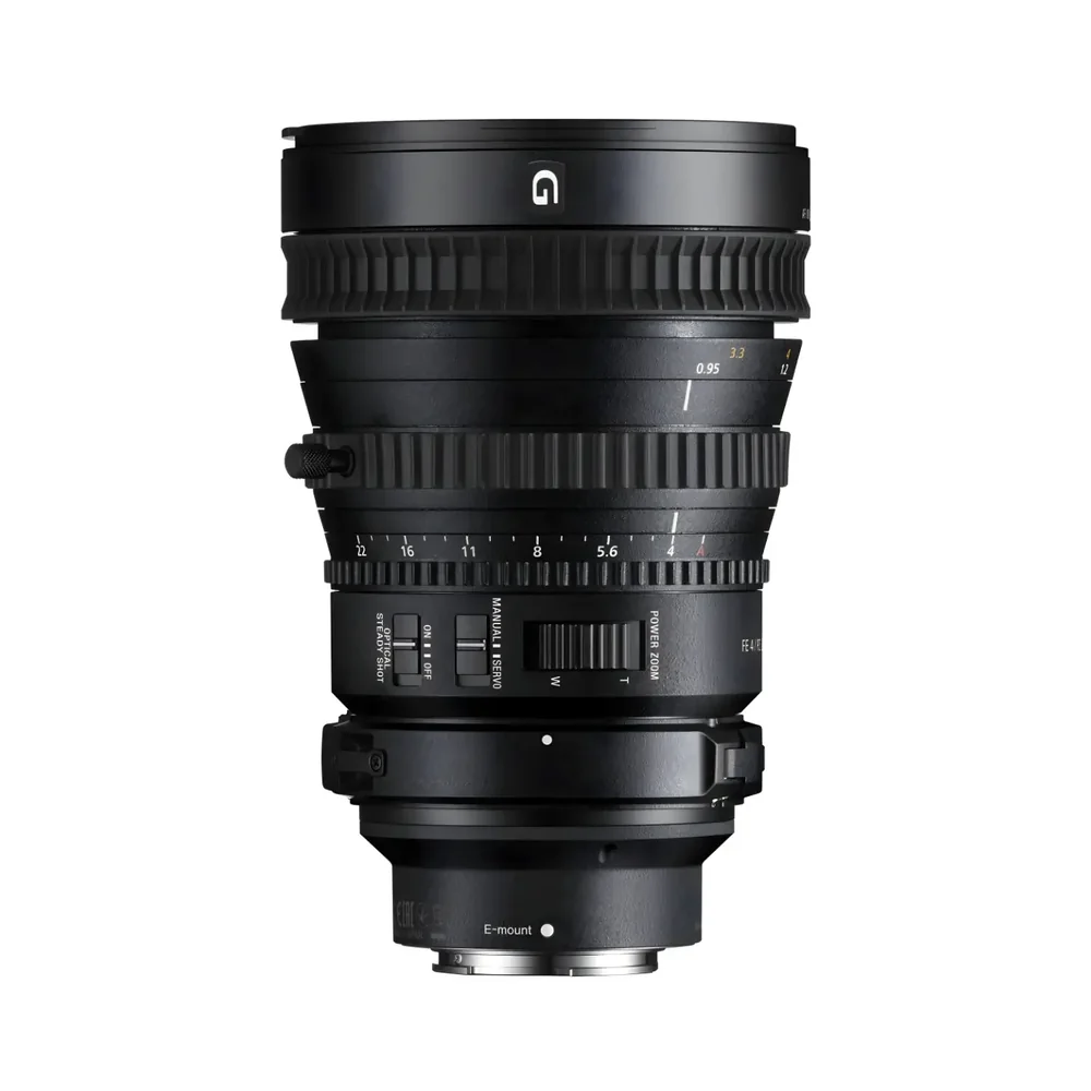 Sony FE PZ 28-135mm F4 G power zoom lens on a white background