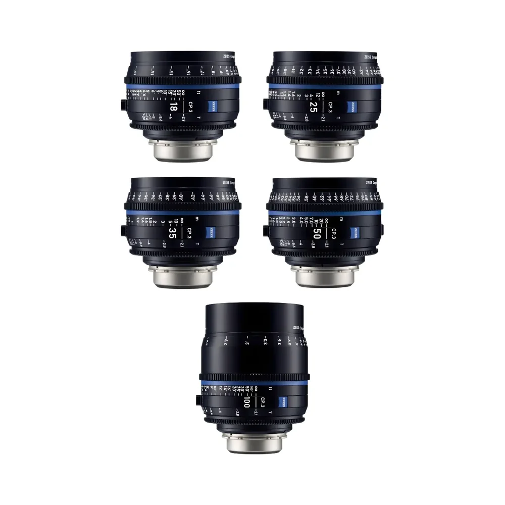 Zeiss CP3 5-way compact prime lens set on a white background