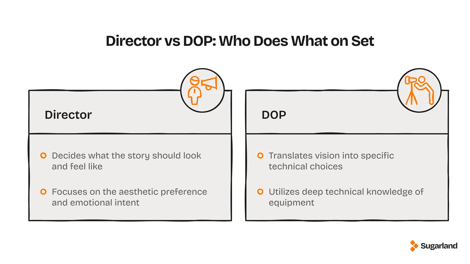 Comparison of director and DOP responsibilities: director decides the look and feel, DOP handles the technical execution