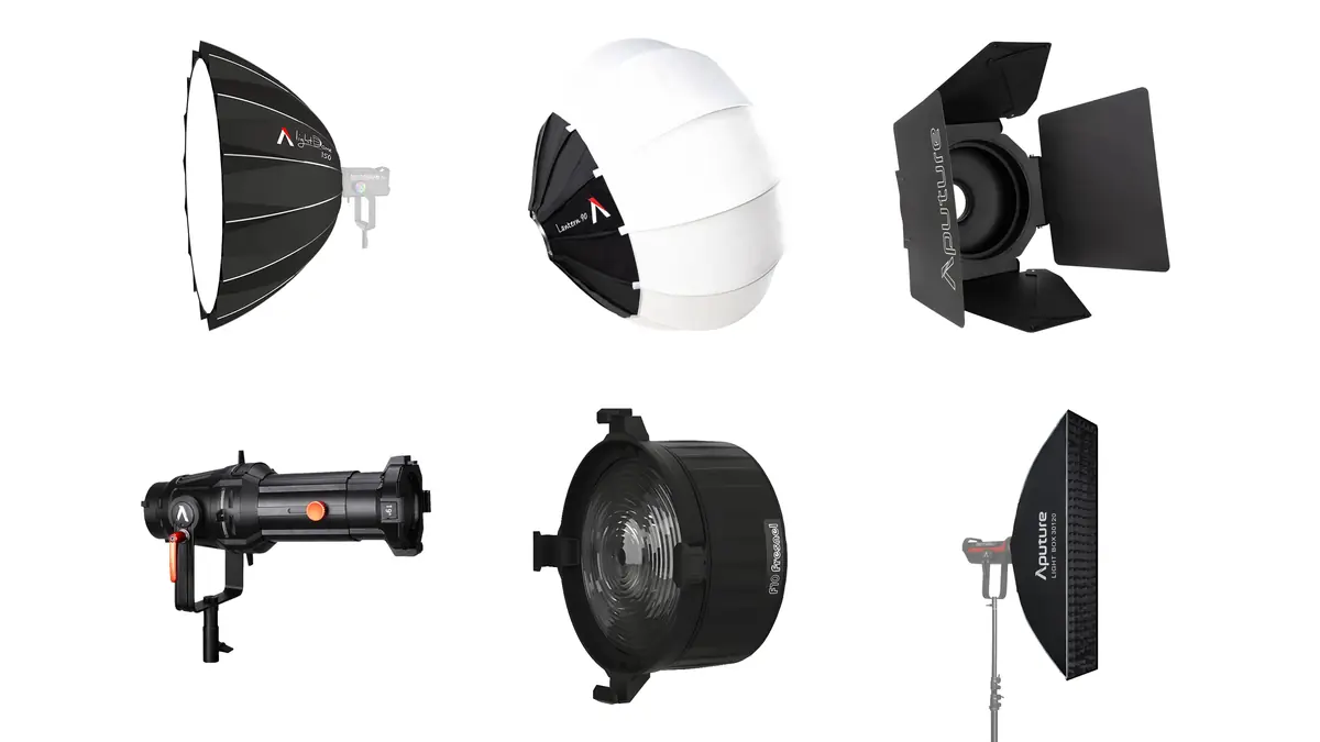A selection of Bowens mount modifiers compatible with the Aputure 1200D Pro and Storm 1200X, including a Light Dome, Lantern, barn doors, spot mount, Fresnel and softbox