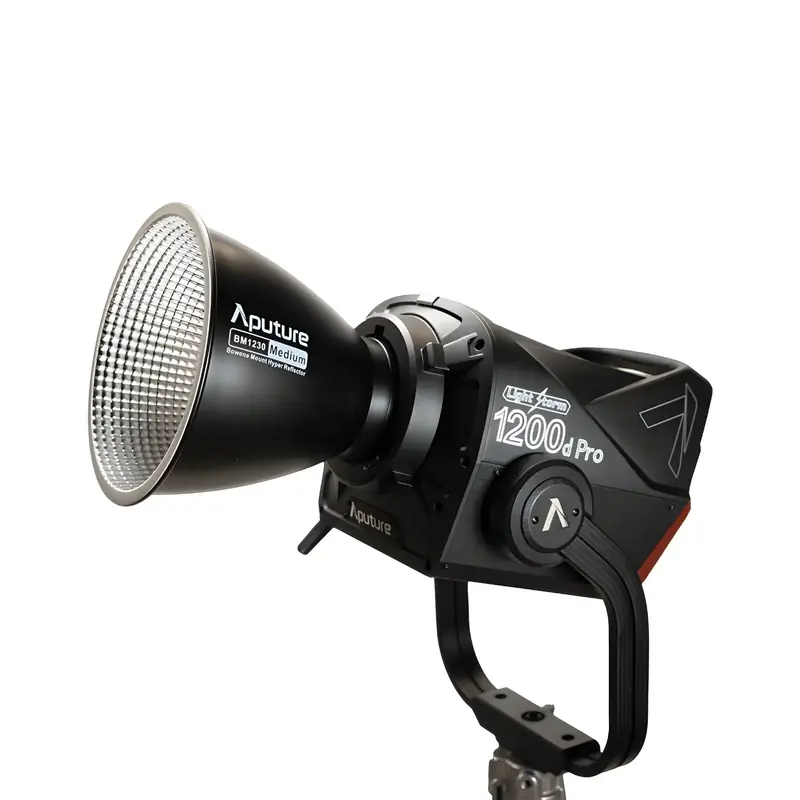 Aputure LS 1200D Pro daylight LED light with reflector attached, mounted on a yoke