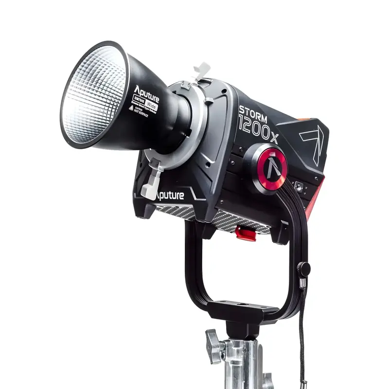 Aputure Storm 1200X bi-colour LED light with reflector and control panel, mounted on a stand
