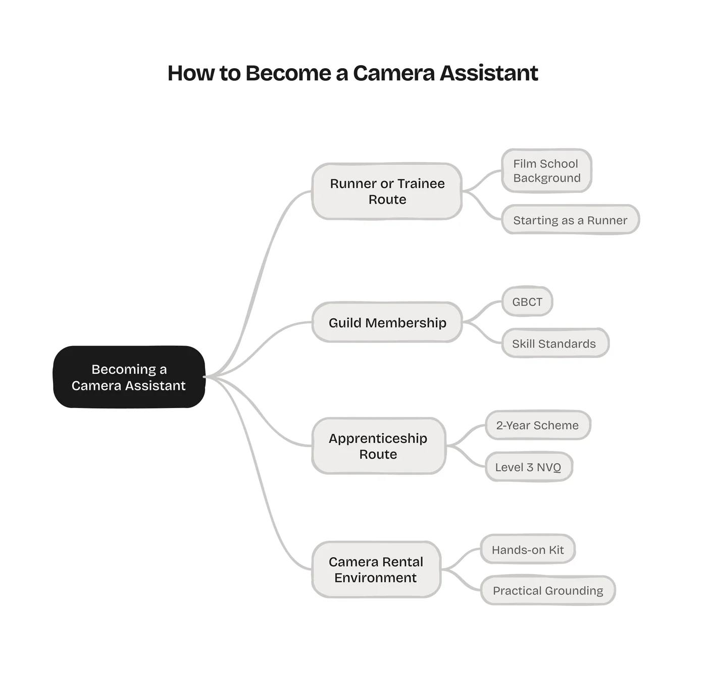 Diagram showing four routes into becoming a camera assistant: runner, guild membership, apprenticeship and rental experience