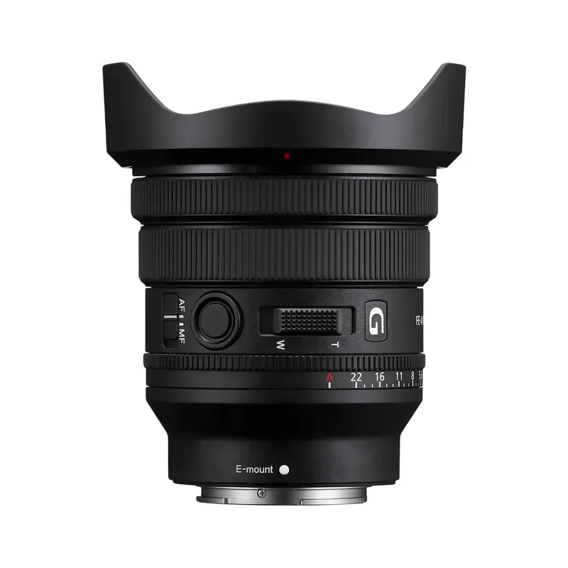 Sony FE PZ 16-35mm f/4 G power zoom lens showing the AF/MF switch and W-T zoom rocker