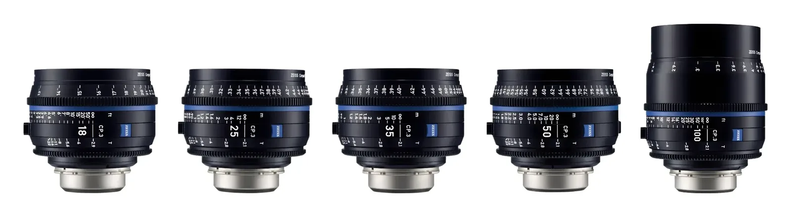 Zeiss CP3 cine prime set of 18mm, 25mm, 35mm, 50mm and 100mm lenses with matching gear positions