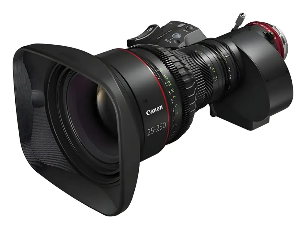 Canon CN10 25-250mm cine servo zoom lens with a built-in 1.5x extender