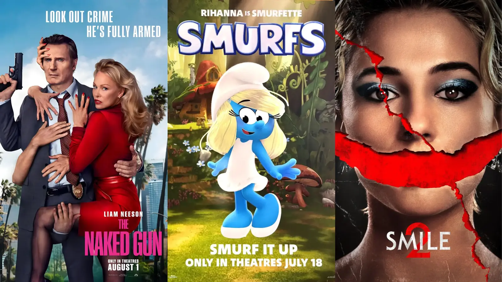 Posters for The Naked Gun, Smurfs and Smile 2, films promoted with hidden camera cinema shoots