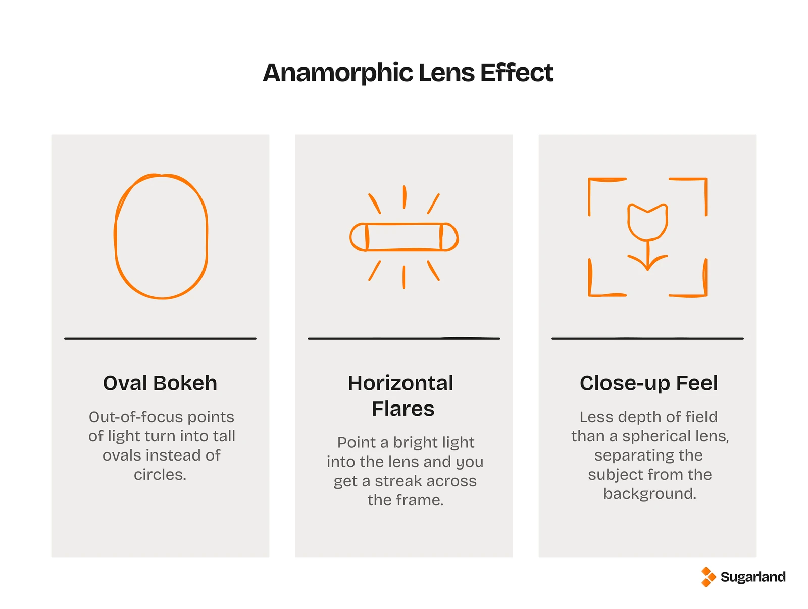 Infographic showing the 3 anamorphic effects: oval bokeh, horizontal flares and a close-up feel