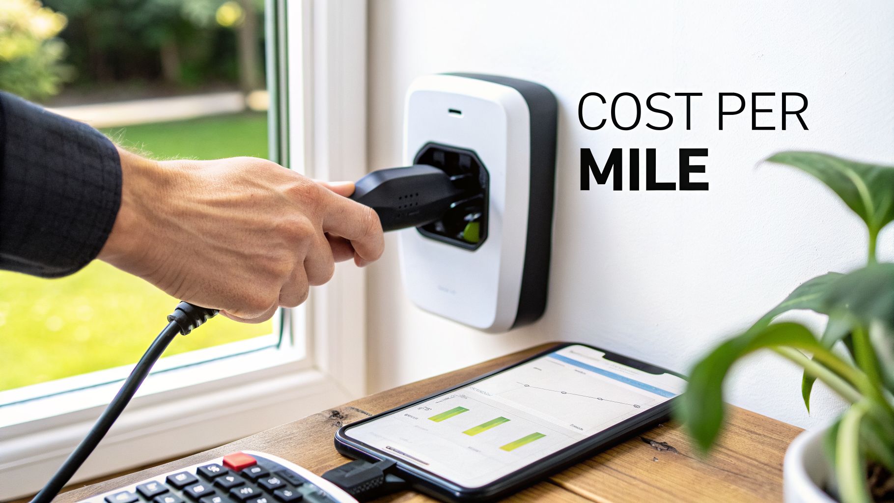 A person plugs an EV charger into a wall unit, with a phone displaying cost per mile data.