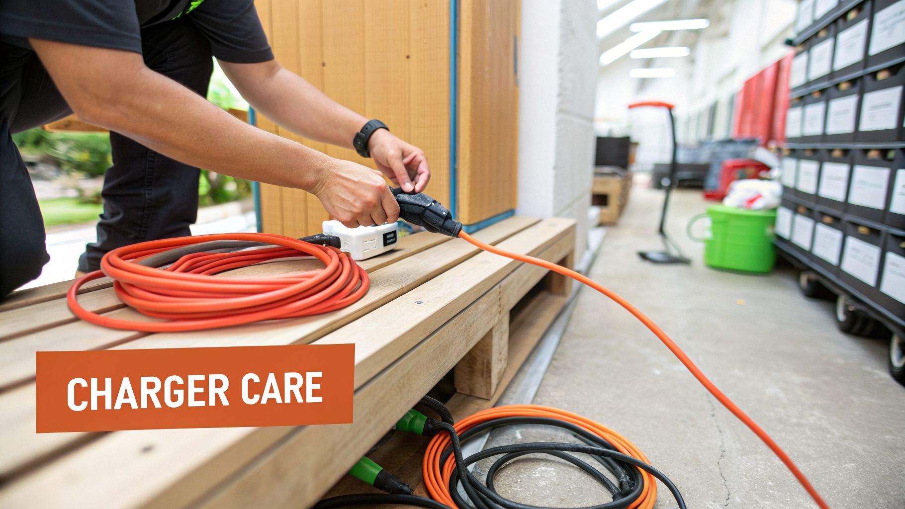 A person is carefully handling an orange charger cable and a white charging unit on a wooden pallet, emphasizing charger care.