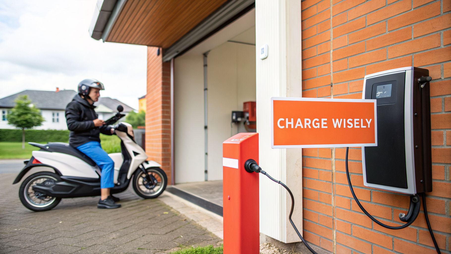 Man on electric moped next to a home EV charging station with a 'CHARGE WISELY' sign.