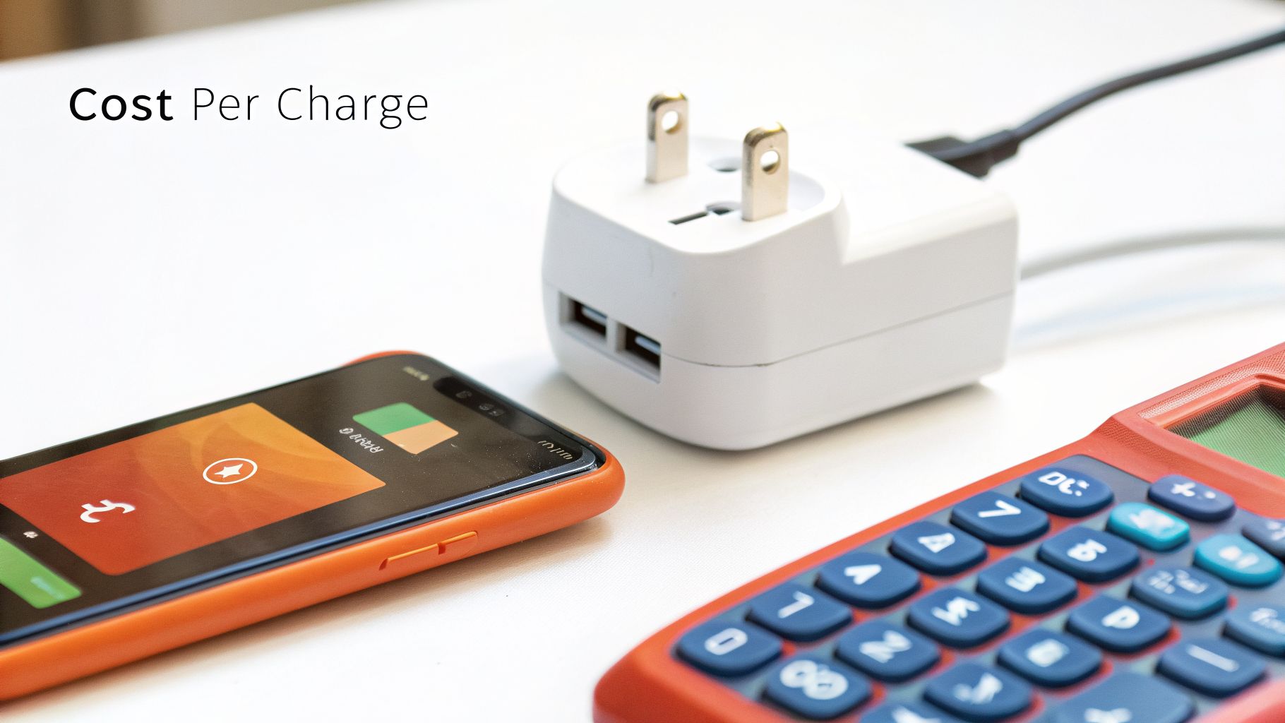 A smartphone charging with a multi-port USB wall adapter and a red calculator nearby.