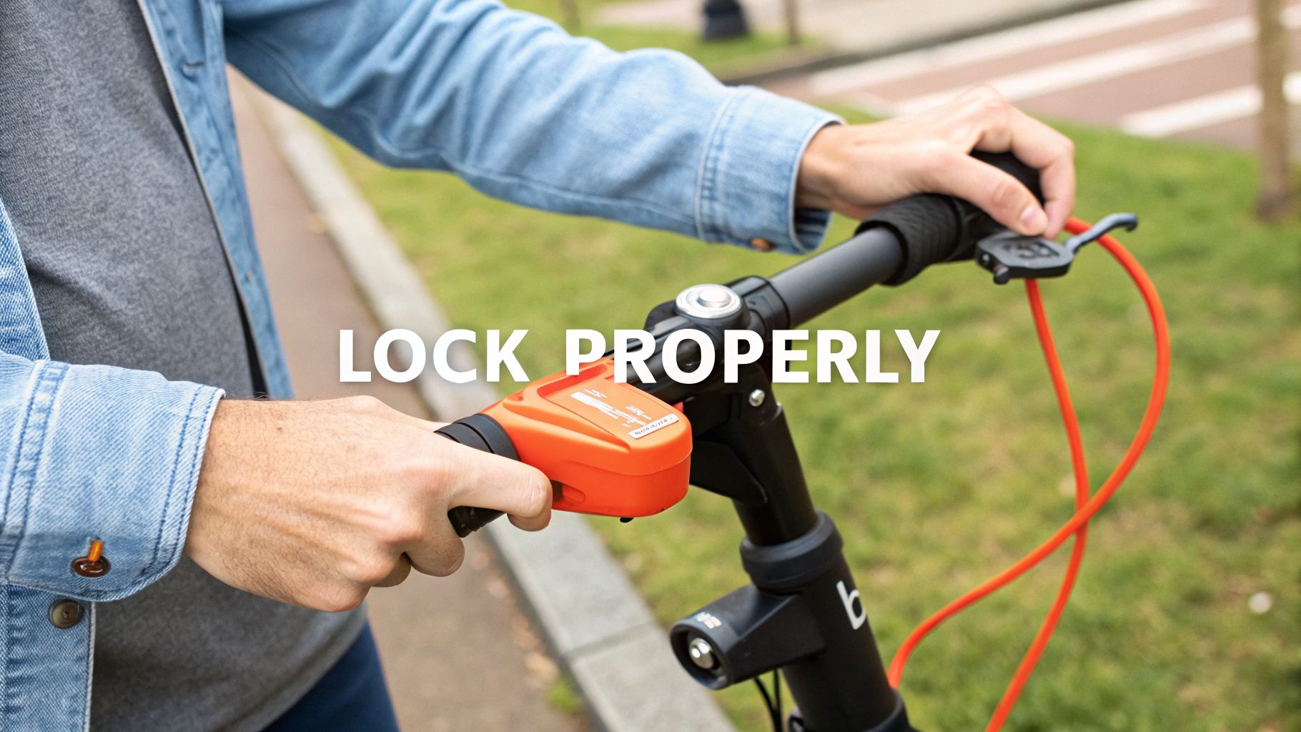 Close-up of a person's hands operating an orange locking device on an electric scooter's handlebar.
