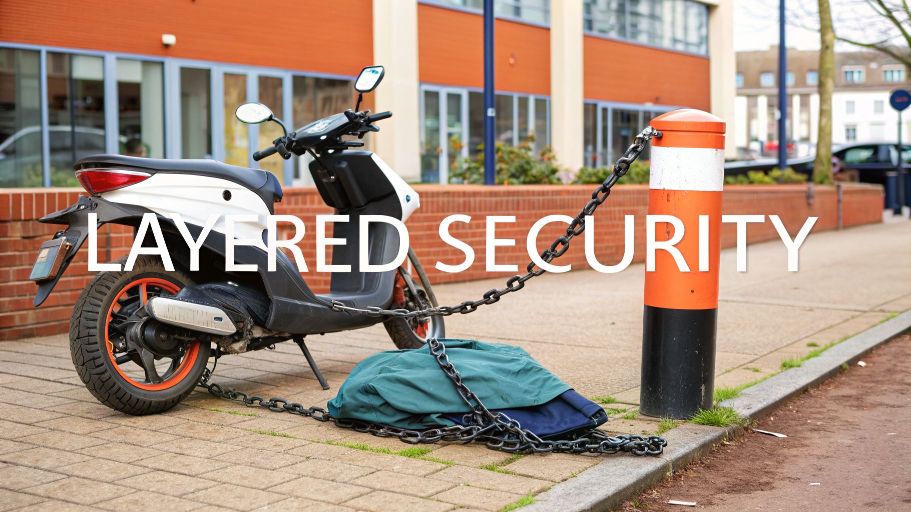 A white and black scooter is chained to an orange bollard on a sidewalk, representing layered security measures.
